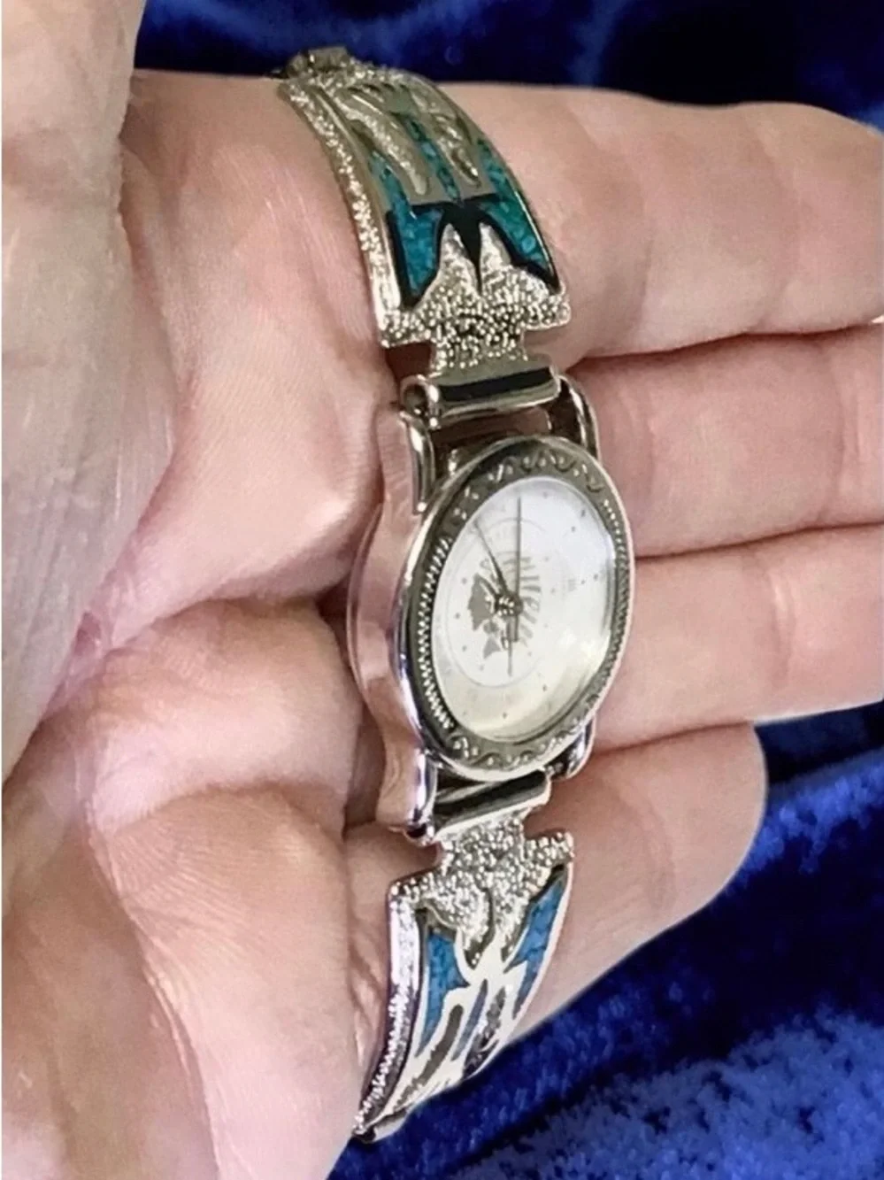Silver Indian Chief Watch with Sterling Navajo Turquoise Inlay Thunderbird Tips